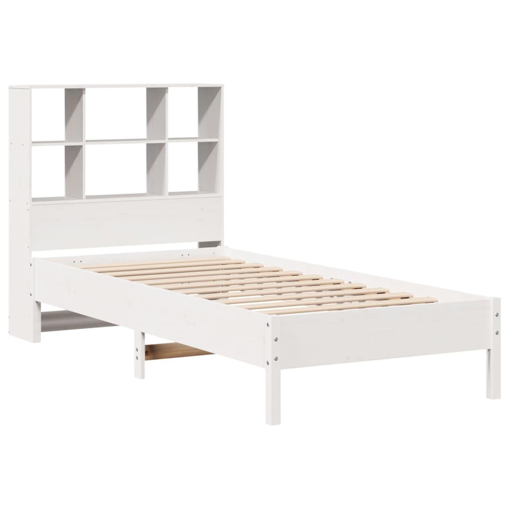 vidaXL Pat cu bibliotecă fără saltea, alb, 90x190 cm, lemn masiv pin vidaXL Pat cu bibliotecă fără saltea, alb, 90x190 cm, lemn masiv pin