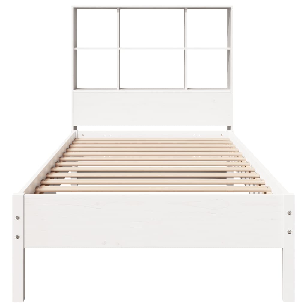 vidaXL Pat cu bibliotecă fără saltea, alb, 90x190 cm, lemn masiv pin vidaXL Pat cu bibliotecă fără saltea, alb, 90x190 cm, lemn masiv pin