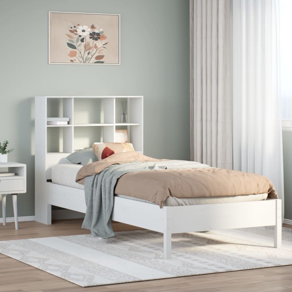 vidaXL Pat cu bibliotecă fără saltea, alb, 90x190 cm, lemn masiv pin vidaXL Pat cu bibliotecă fără saltea, alb, 90x190 cm, lemn masiv pin