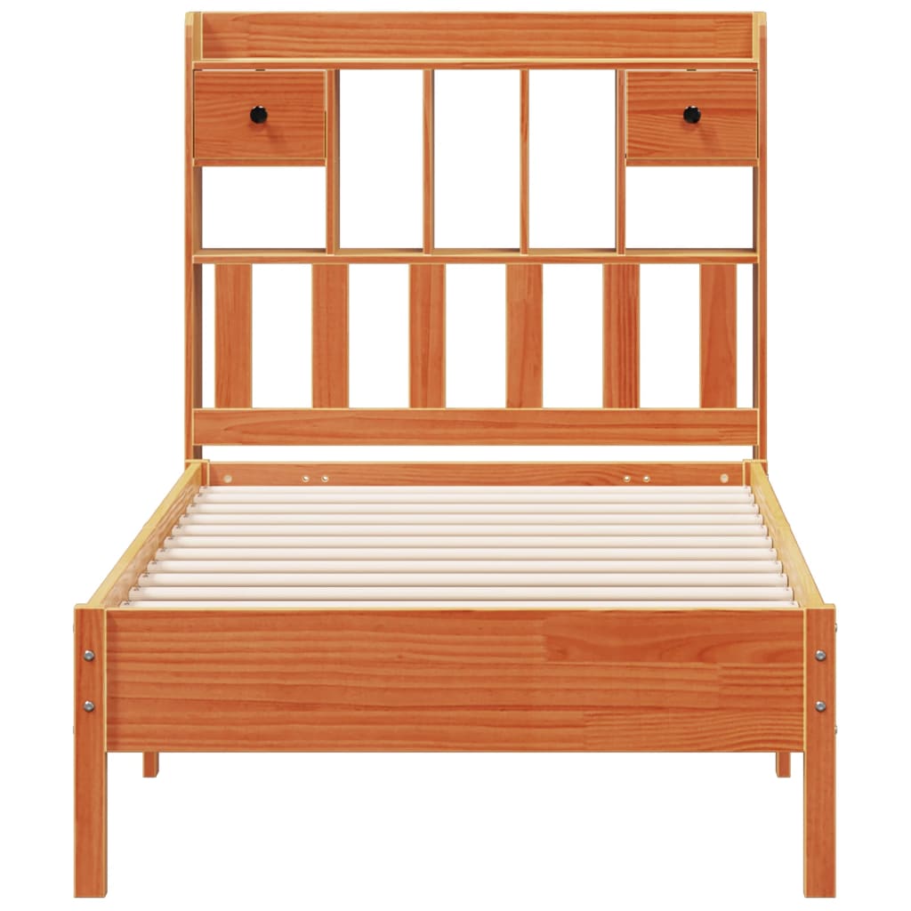 vidaXL Pat cu bibliotecă fără saltea, maro, 100x200 cm, lemn masiv pin vidaXL Pat cu bibliotecă fără saltea, maro, 100x200 cm, lemn masiv pin