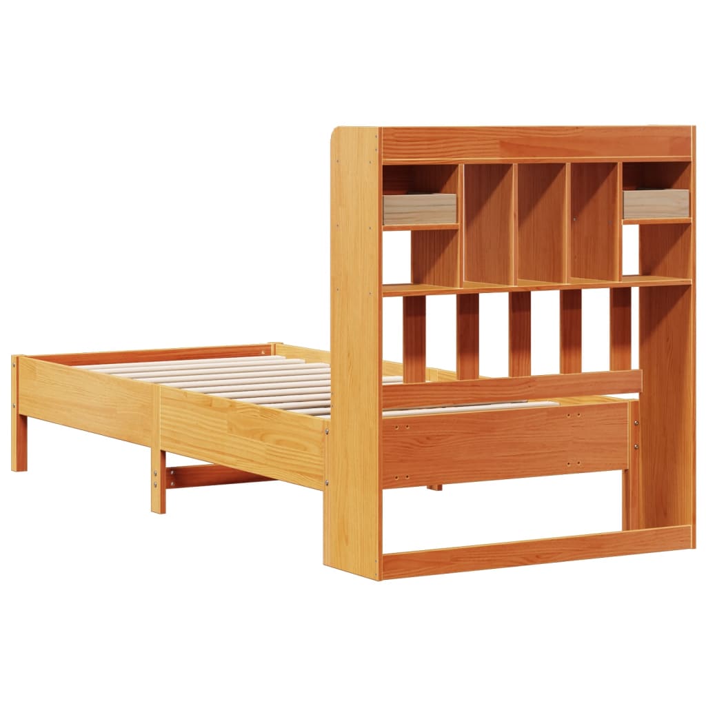 vidaXL Pat cu bibliotecă fără saltea, maro, 100x200 cm, lemn masiv pin vidaXL Pat cu bibliotecă fără saltea, maro, 100x200 cm, lemn masiv pin