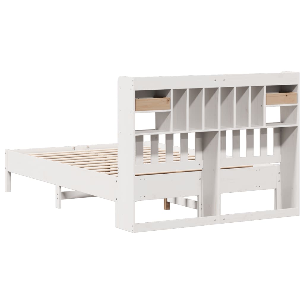 vidaXL Pat cu bibliotecă fără saltea, alb, 135x190 cm, lemn masiv pin