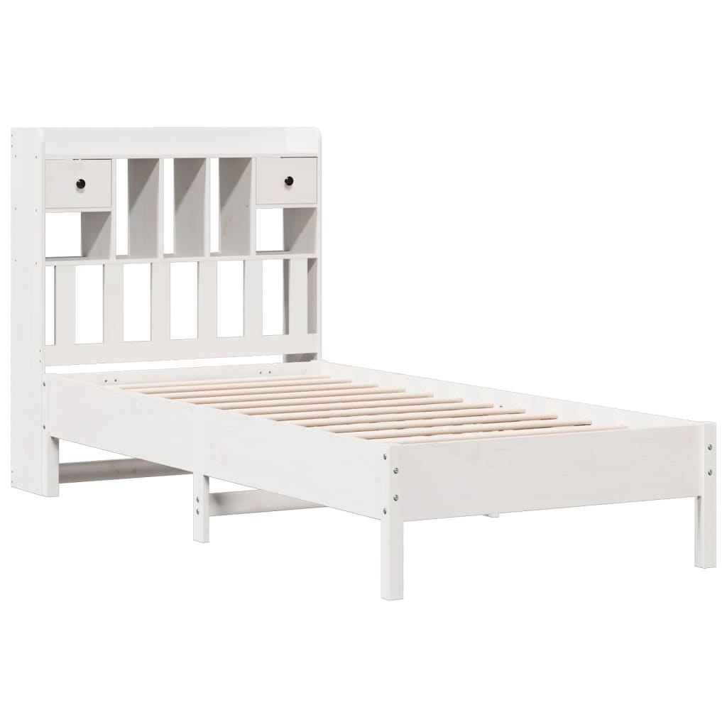 vidaXL Pat cu bibliotecă fără saltea, alb, 75x190 cm, lemn masiv pin vidaXL Pat cu bibliotecă fără saltea, alb, 75x190 cm, lemn masiv pin