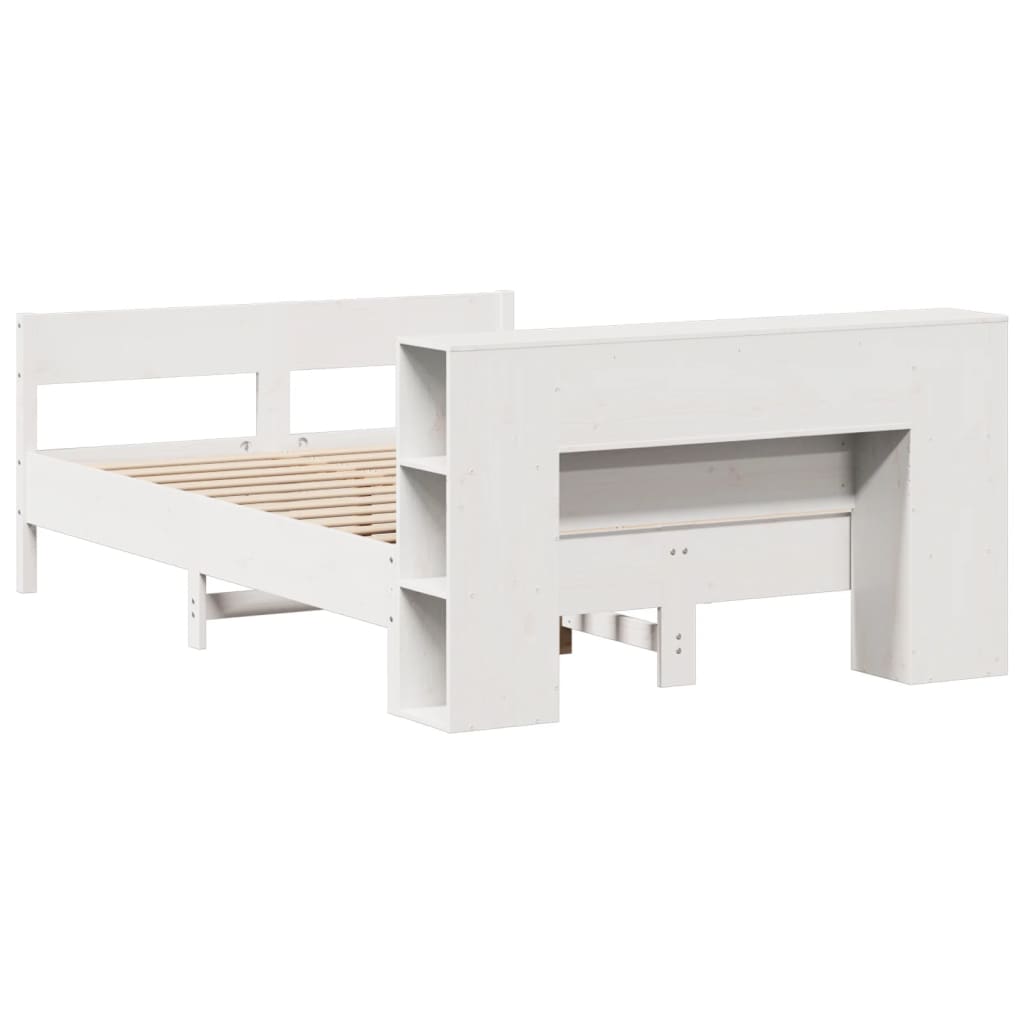 vidaXL Pat cu bibliotecă fără saltea, alb, 150x200 cm, lemn masiv pin vidaXL Pat cu bibliotecă fără saltea, alb, 150x200 cm, lemn masiv pin