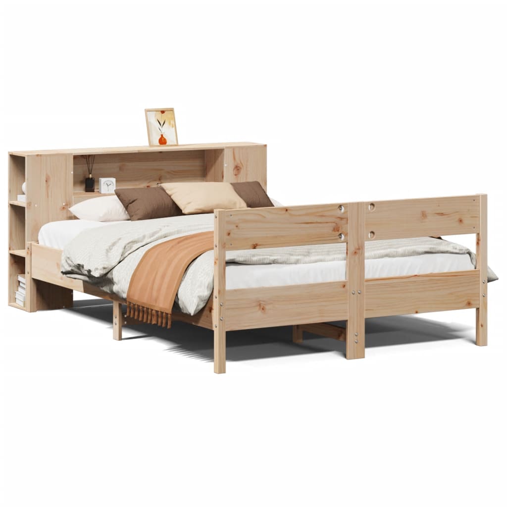 vidaXL Pat cu bibliotecă fără saltea, 135x190 cm, lemn masiv de pin vidaXL Pat cu bibliotecă fără saltea, 135x190 cm, lemn masiv de pin