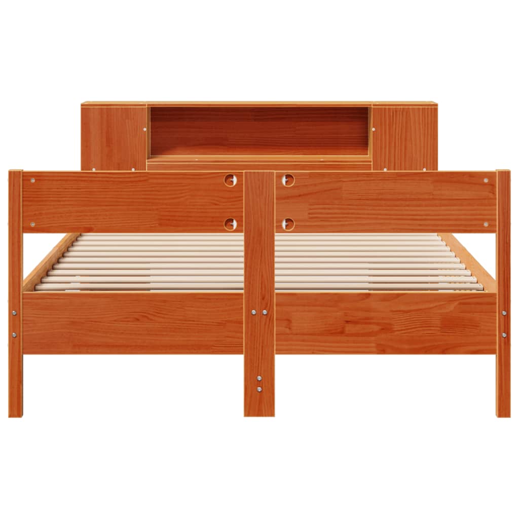 vidaXL Pat cu bibliotecă fără saltea, maro, 120x190 cm, lemn masiv pin vidaXL Pat cu bibliotecă fără saltea, maro, 120x190 cm, lemn masiv pin