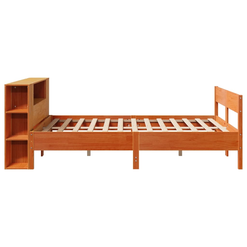 vidaXL Pat cu bibliotecă fără saltea, maro, 120x190 cm, lemn masiv pin vidaXL Pat cu bibliotecă fără saltea, maro, 120x190 cm, lemn masiv pin