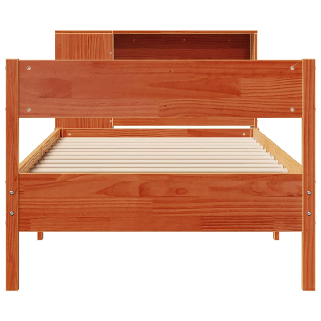 vidaXL Pat cu bibliotecă fără saltea, maro, 100x200 cm, lemn masiv pin vidaXL Pat cu bibliotecă fără saltea, maro, 100x200 cm, lemn masiv pin
