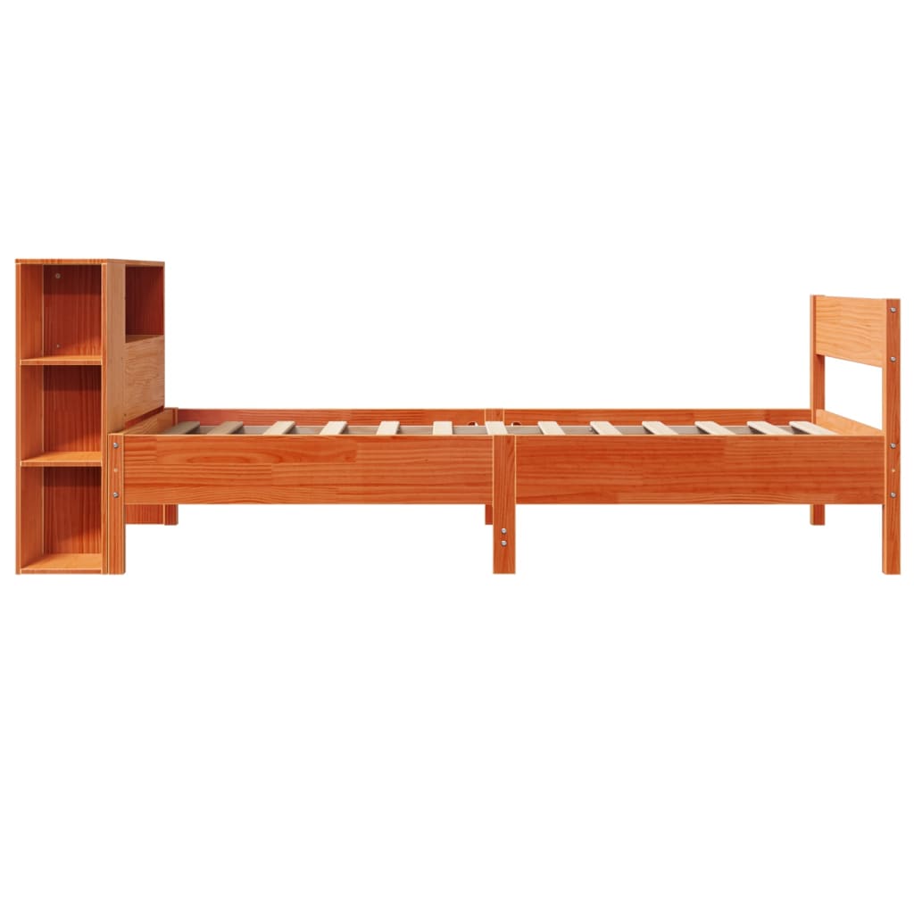 vidaXL Pat cu bibliotecă fără saltea, maro, 100x200 cm, lemn masiv pin vidaXL Pat cu bibliotecă fără saltea, maro, 100x200 cm, lemn masiv pin