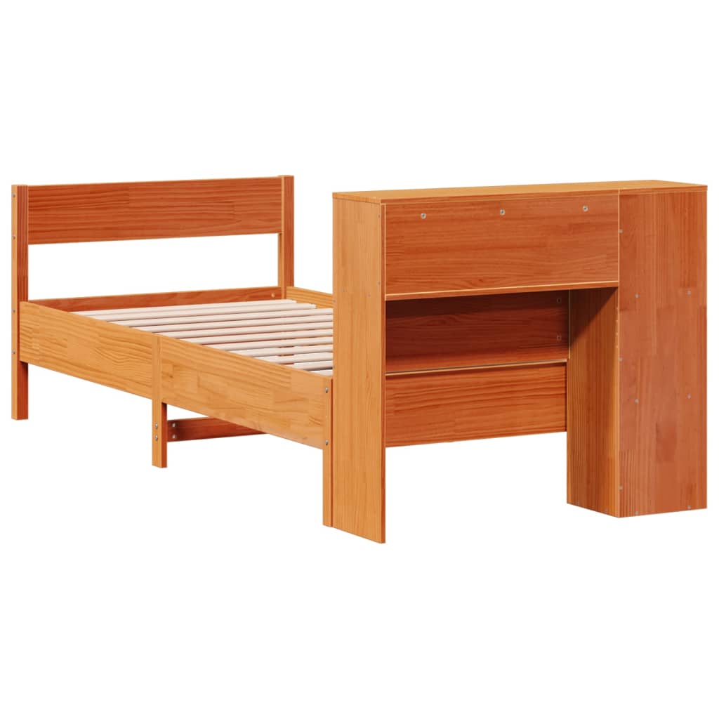 vidaXL Pat cu bibliotecă fără saltea, maro, 100x200 cm, lemn masiv pin vidaXL Pat cu bibliotecă fără saltea, maro, 100x200 cm, lemn masiv pin