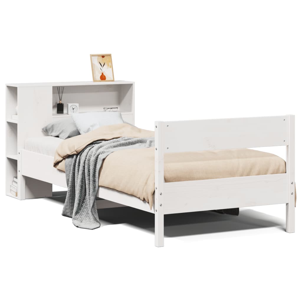 vidaXL Pat cu bibliotecă fără saltea, alb, 75x190 cm, lemn masiv pin
