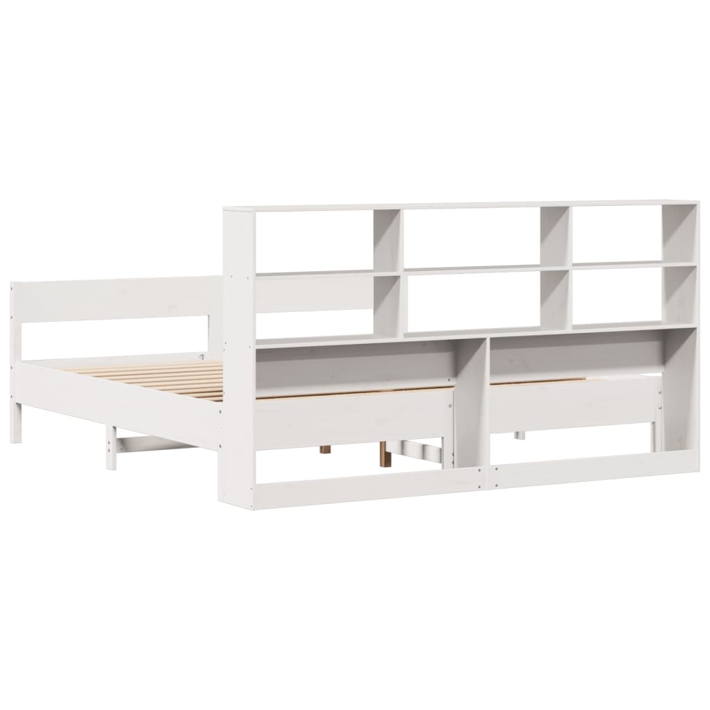 vidaXL Pat cu bibliotecă fără saltea, alb, 200x200 cm, lemn masiv pin