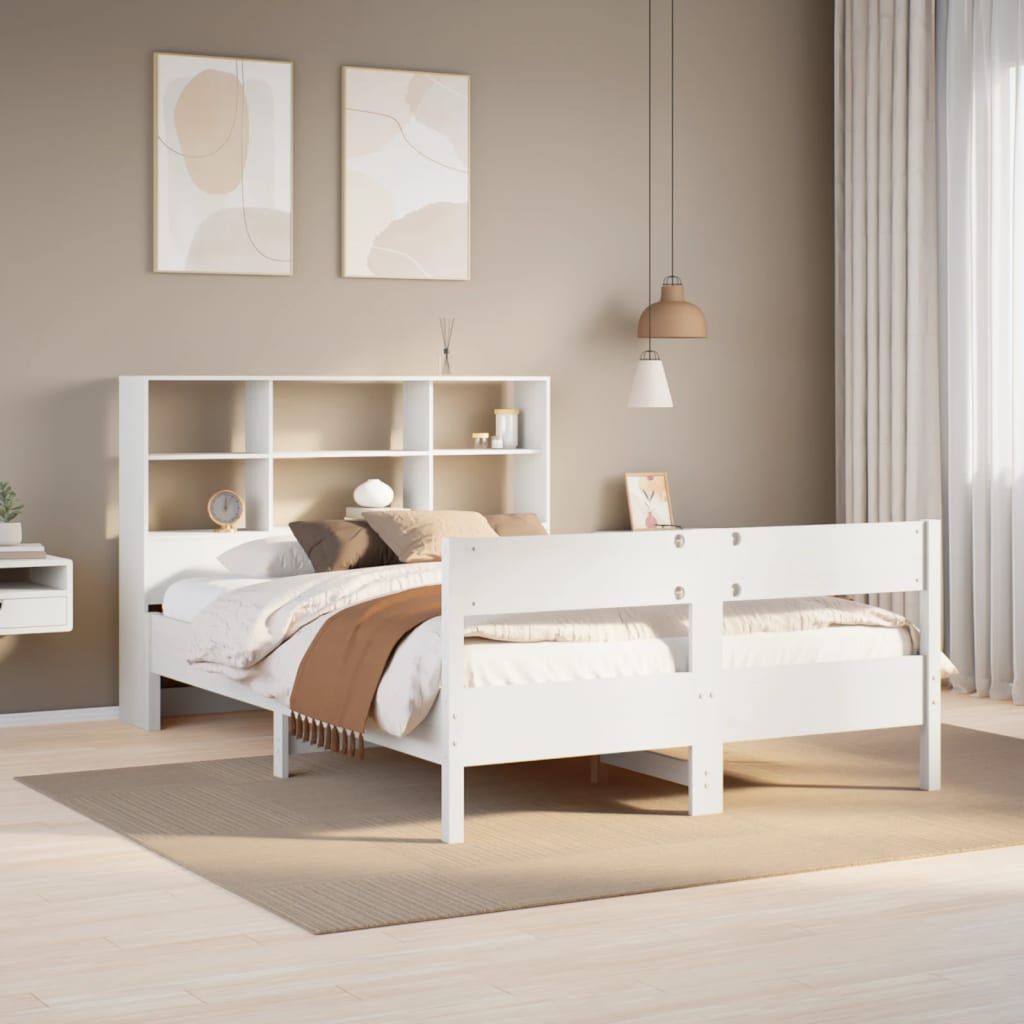 vidaXL Pat cu bibliotecă fără saltea, alb, 140x200 cm, lemn masiv pin vidaXL Pat cu bibliotecă fără saltea, alb, 140x200 cm, lemn masiv pin