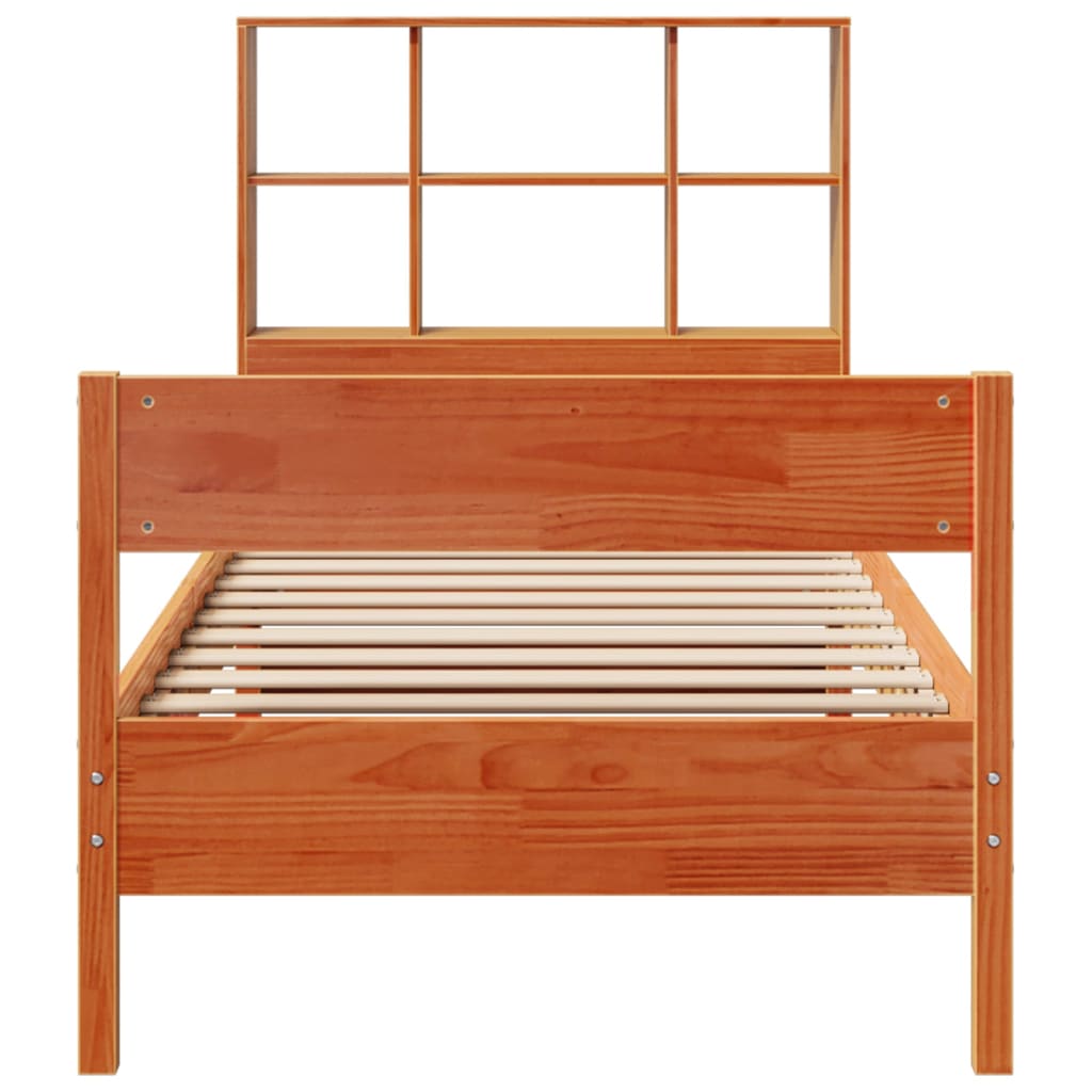 vidaXL Pat cu bibliotecă fără saltea, maro, 100x200 cm, lemn masiv pin vidaXL Pat cu bibliotecă fără saltea, maro, 100x200 cm, lemn masiv pin