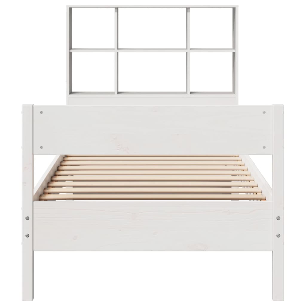 vidaXL Pat cu bibliotecă fără saltea, alb, 90x200 cm, lemn masiv pin vidaXL Pat cu bibliotecă fără saltea, alb, 90x200 cm, lemn masiv pin