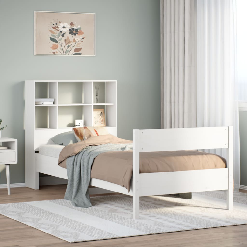 vidaXL Pat cu bibliotecă fără saltea, alb, 90x200 cm, lemn masiv pin vidaXL Pat cu bibliotecă fără saltea, alb, 90x200 cm, lemn masiv pin