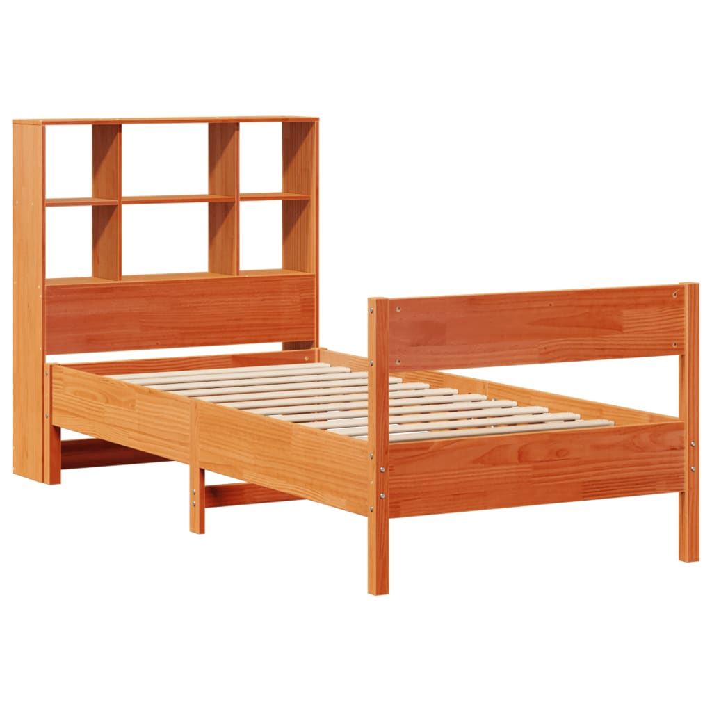 vidaXL Pat cu bibliotecă fără saltea, maro, 90x200 cm, lemn masiv pin