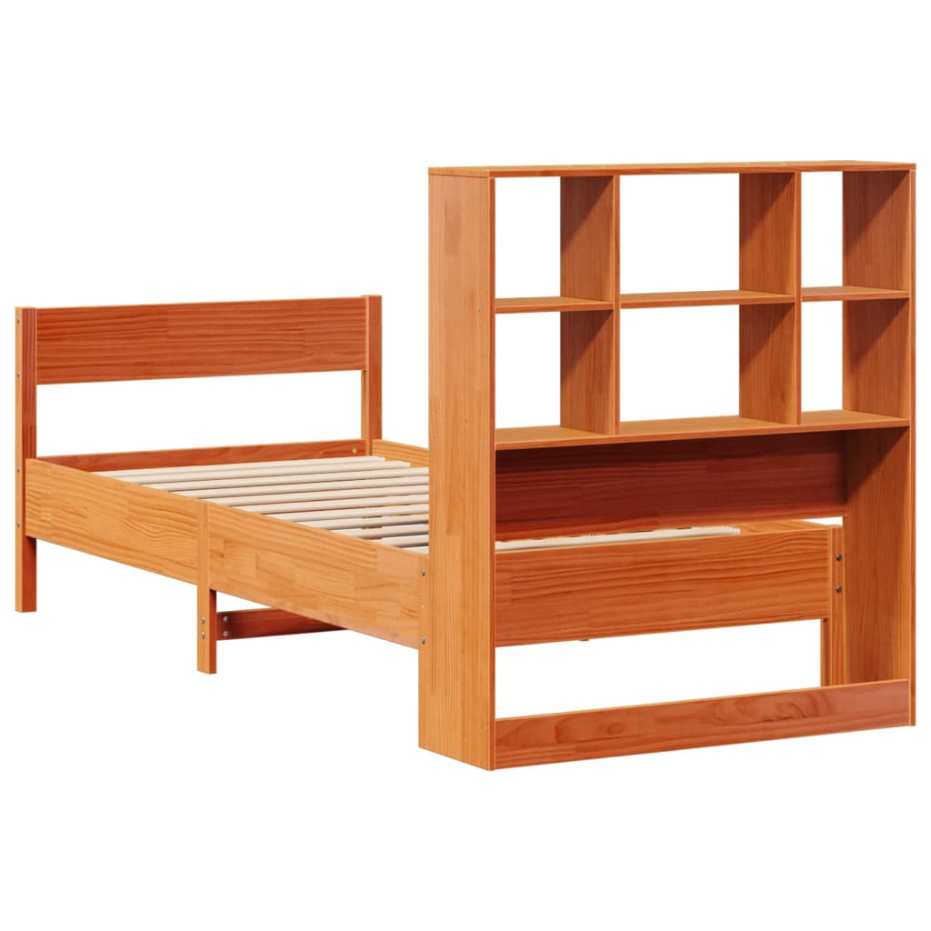 vidaXL Pat cu bibliotecă fără saltea, maro, 90x200 cm, lemn masiv pin