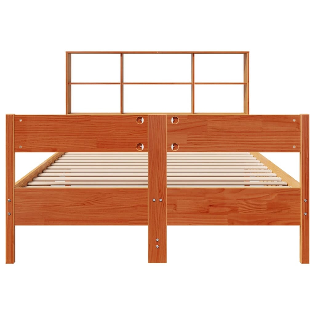 vidaXL Pat cu bibliotecă fără saltea, maro, 120x190 cm, lemn masiv pin vidaXL Pat cu bibliotecă fără saltea, maro, 120x190 cm, lemn masiv pin