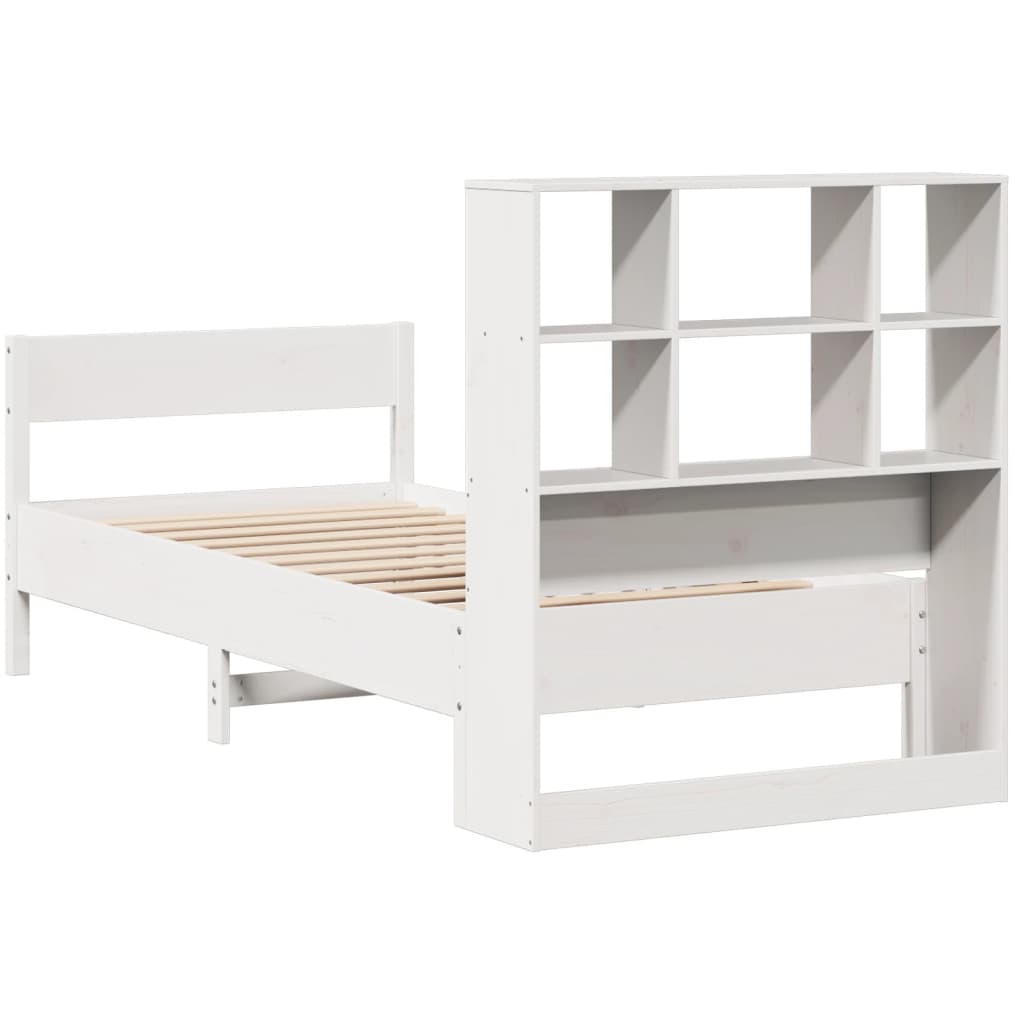 vidaXL Pat cu bibliotecă fără saltea, alb, 90x190 cm, lemn masiv pin