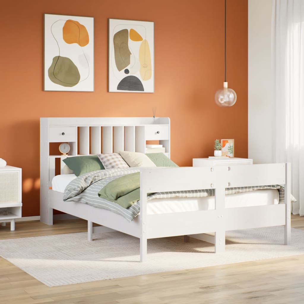 vidaXL Pat cu bibliotecă fără saltea, alb, 140x200 cm, lemn masiv pin vidaXL Pat cu bibliotecă fără saltea, alb, 140x200 cm, lemn masiv pin