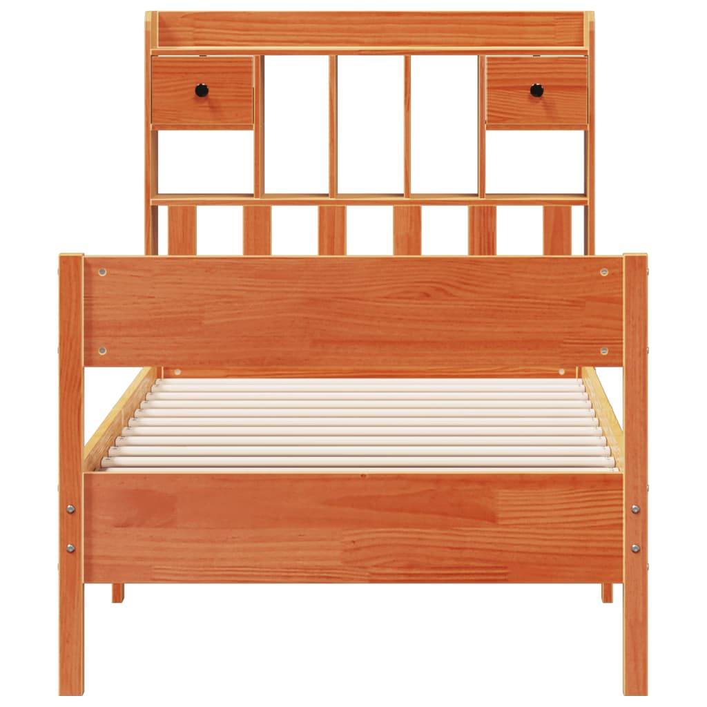vidaXL Pat cu bibliotecă fără saltea, maro, 100x200 cm, lemn masiv pin vidaXL Pat cu bibliotecă fără saltea, maro, 100x200 cm, lemn masiv pin