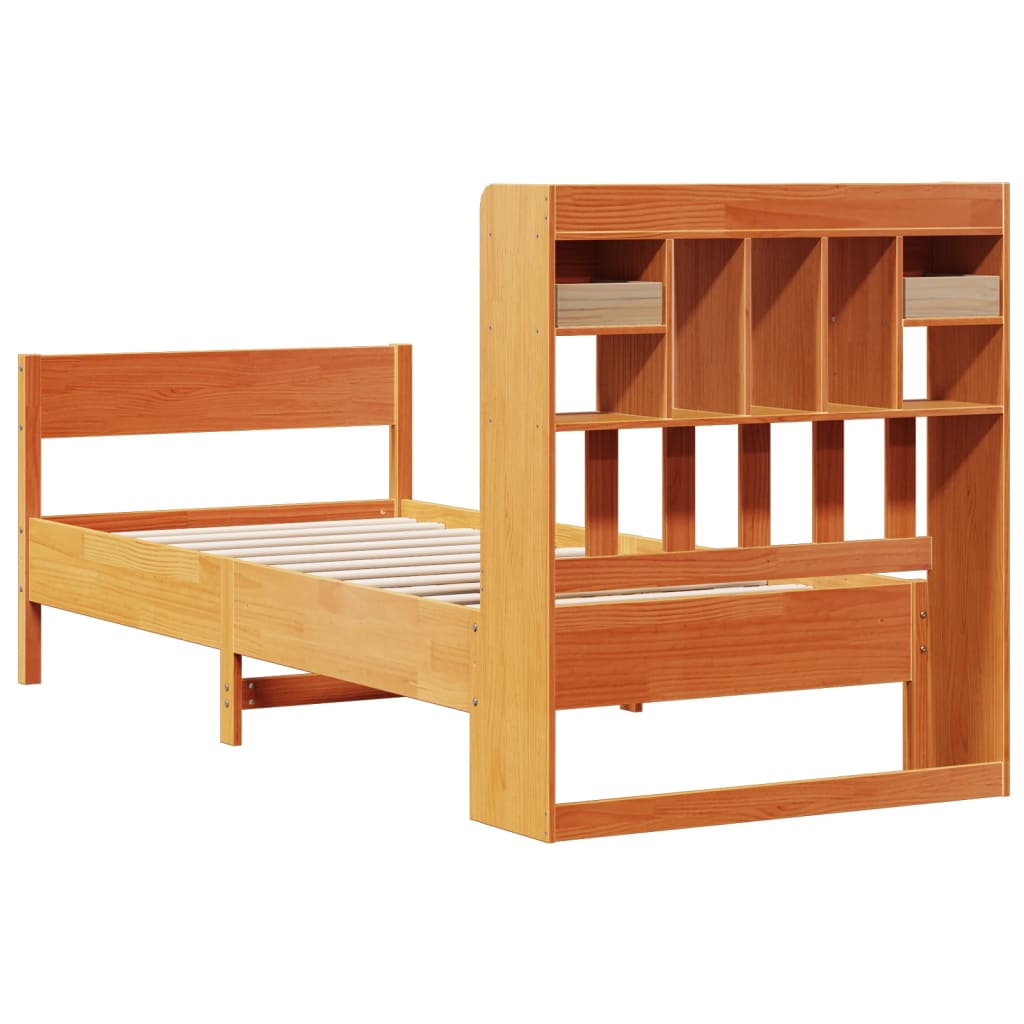 vidaXL Pat cu bibliotecă fără saltea, maro, 100x200 cm, lemn masiv pin vidaXL Pat cu bibliotecă fără saltea, maro, 100x200 cm, lemn masiv pin