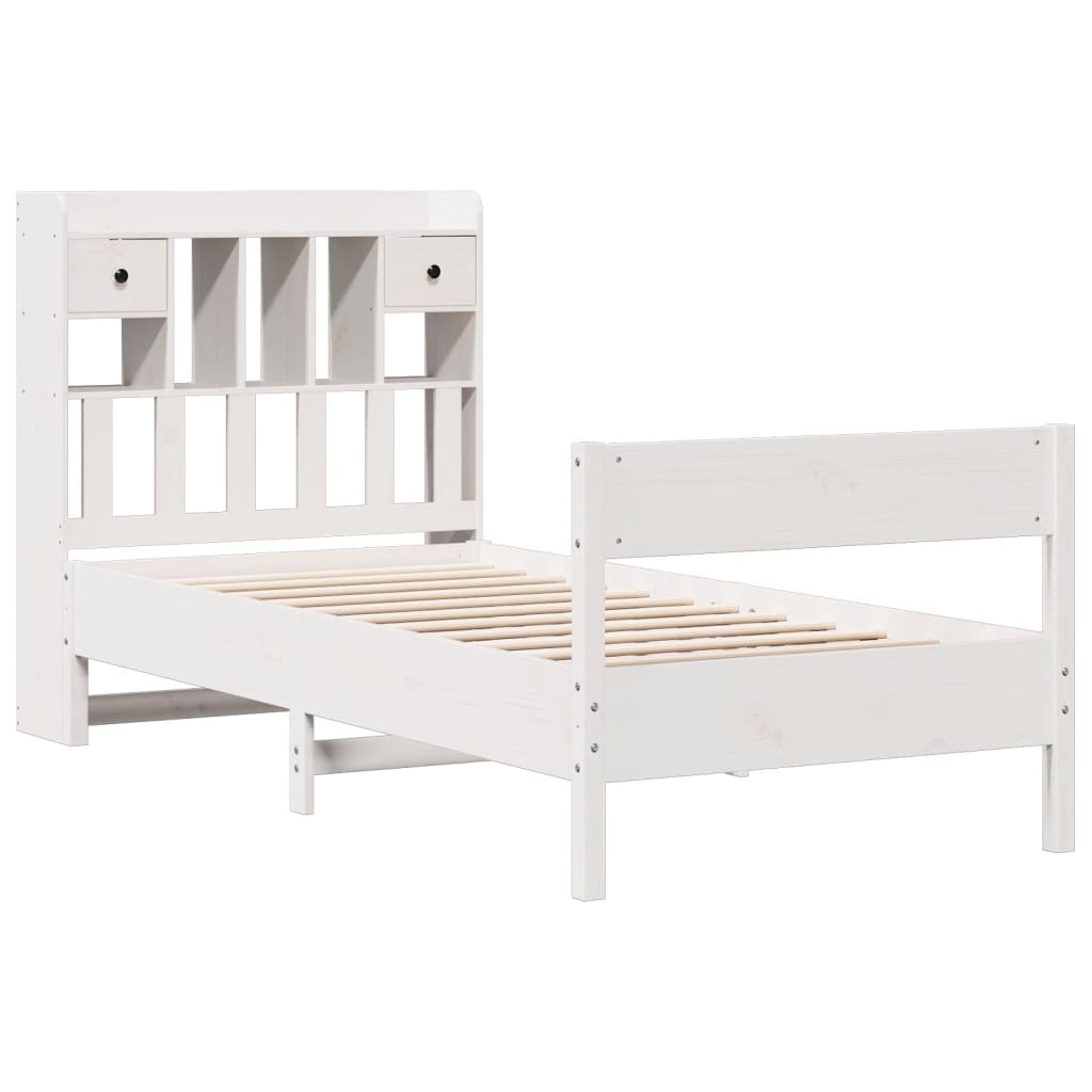 vidaXL Pat cu bibliotecă fără saltea, alb, 90x200 cm, lemn masiv pin vidaXL Pat cu bibliotecă fără saltea, alb, 90x200 cm, lemn masiv pin