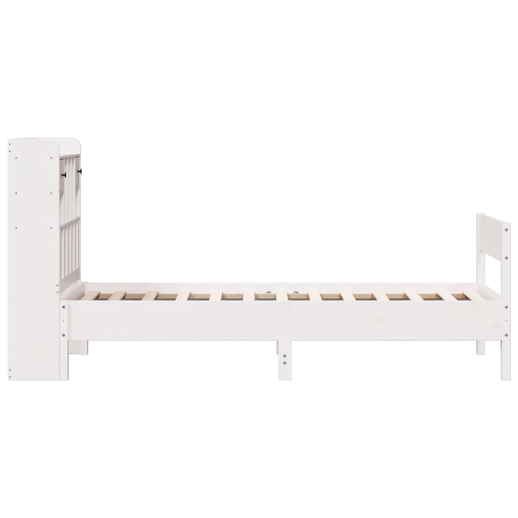 vidaXL Pat cu bibliotecă fără saltea, alb, 90x200 cm, lemn masiv pin vidaXL Pat cu bibliotecă fără saltea, alb, 90x200 cm, lemn masiv pin
