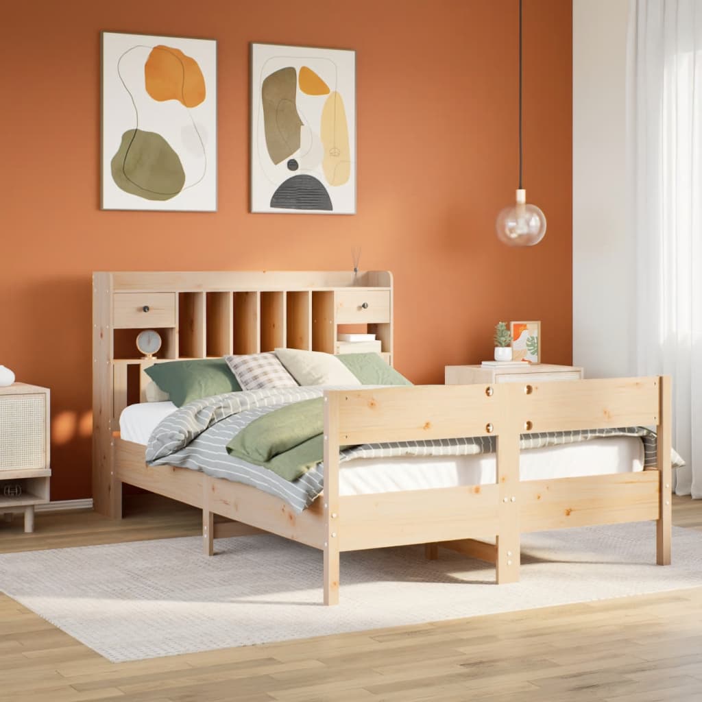 vidaXL Pat cu bibliotecă fără saltea, 140x190 cm, lemn masiv de pin vidaXL Pat cu bibliotecă fără saltea, 140x190 cm, lemn masiv de pin