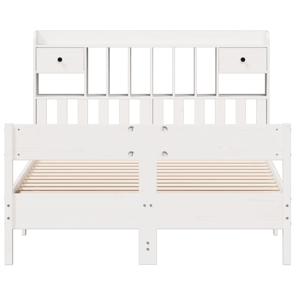 vidaXL Pat cu bibliotecă fără saltea, alb, 135x190 cm, lemn masiv pin vidaXL Pat cu bibliotecă fără saltea, alb, 135x190 cm, lemn masiv pin