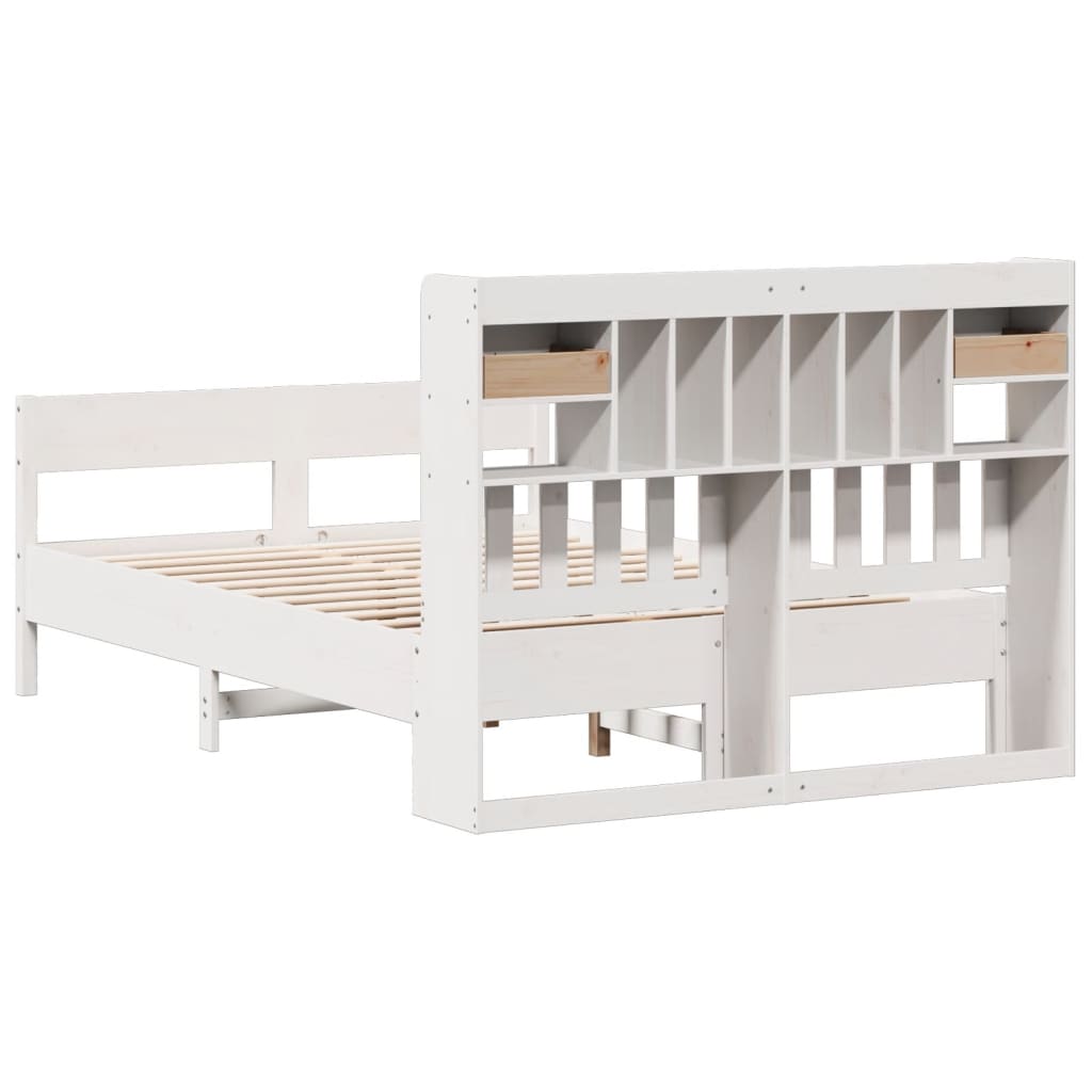 vidaXL Pat cu bibliotecă fără saltea, alb, 135x190 cm, lemn masiv pin vidaXL Pat cu bibliotecă fără saltea, alb, 135x190 cm, lemn masiv pin