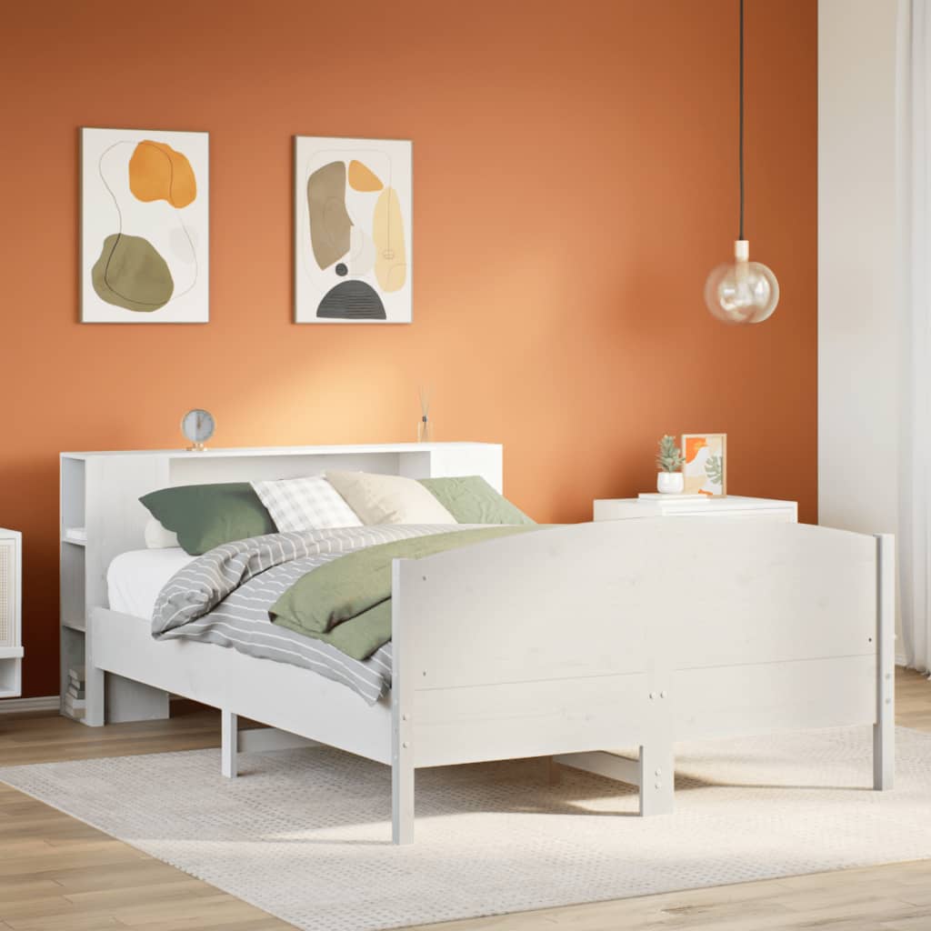 vidaXL Pat cu bibliotecă fără saltea, alb, 160x200 cm, lemn masiv pin vidaXL Pat cu bibliotecă fără saltea, alb, 160x200 cm, lemn masiv pin