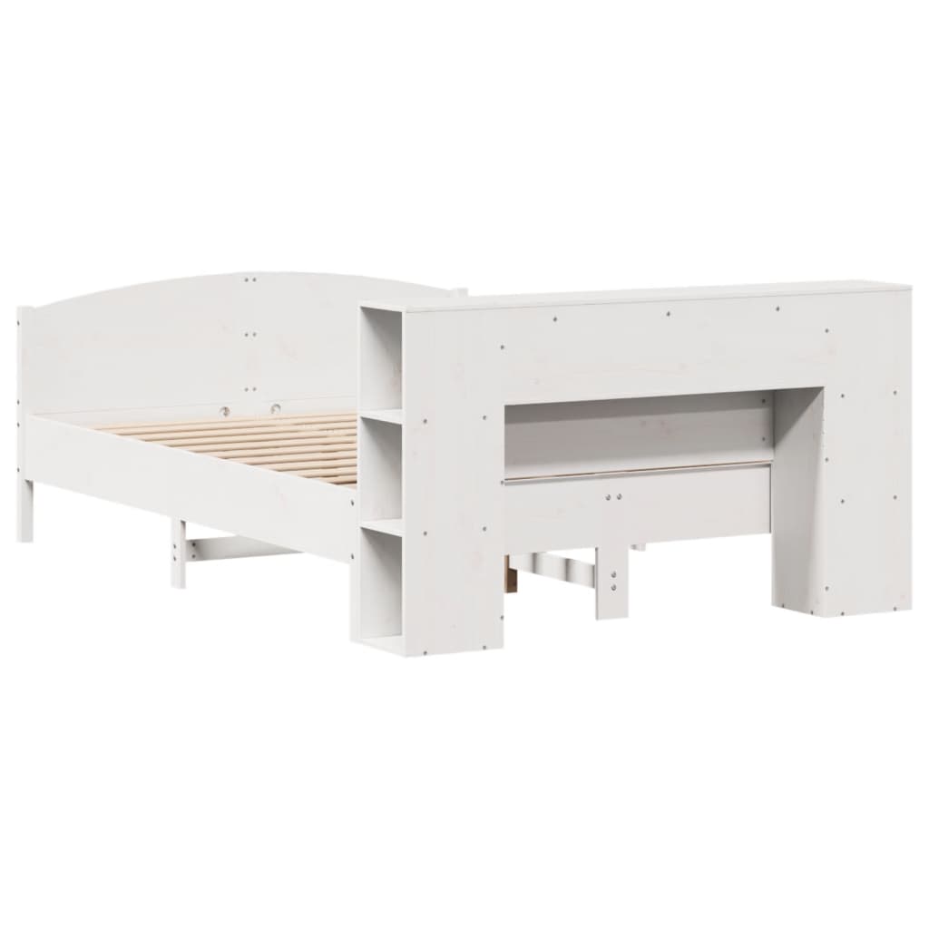 vidaXL Pat cu bibliotecă fără saltea, alb, 150x200 cm, lemn masiv pin vidaXL Pat cu bibliotecă fără saltea, alb, 150x200 cm, lemn masiv pin