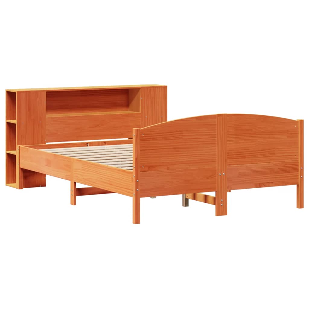 vidaXL Pat cu bibliotecă fără saltea, maro, 120x200 cm, lemn masiv pin vidaXL Pat cu bibliotecă fără saltea, maro, 120x200 cm, lemn masiv pin