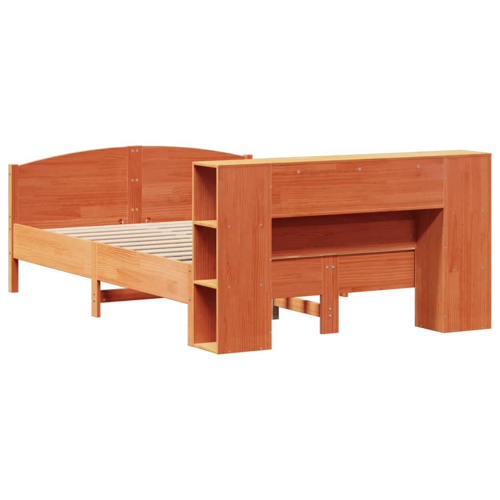 vidaXL Pat cu bibliotecă fără saltea, maro, 120x200 cm, lemn masiv pin vidaXL Pat cu bibliotecă fără saltea, maro, 120x200 cm, lemn masiv pin