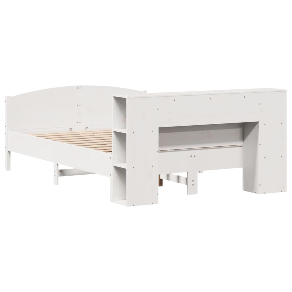 vidaXL Pat cu bibliotecă fără saltea, alb, 140x190 cm, lemn masiv pin vidaXL Pat cu bibliotecă fără saltea, alb, 140x190 cm, lemn masiv pin