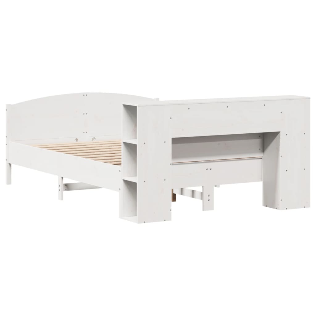 vidaXL Pat cu bibliotecă fără saltea, alb, 135x190 cm, lemn masiv pin