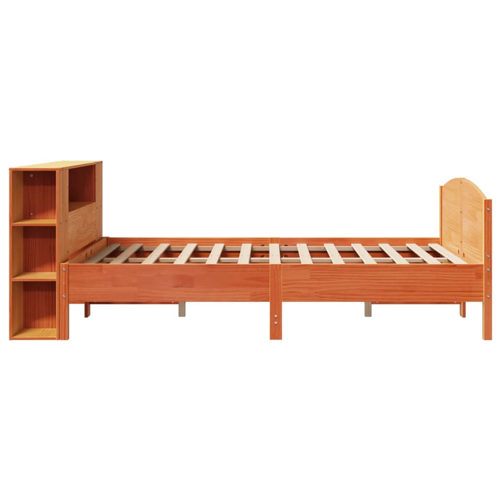 vidaXL Pat cu bibliotecă fără saltea, maro, 120x190 cm, lemn masiv pin vidaXL Pat cu bibliotecă fără saltea, maro, 120x190 cm, lemn masiv pin