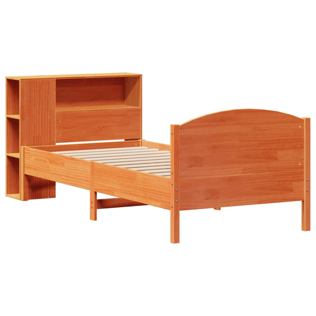 vidaXL Pat cu bibliotecă fără saltea, maro, 100x200 cm, lemn masiv pin vidaXL Pat cu bibliotecă fără saltea, maro, 100x200 cm, lemn masiv pin
