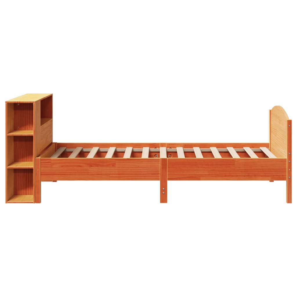 vidaXL Pat cu bibliotecă fără saltea, maro, 100x200 cm, lemn masiv pin vidaXL Pat cu bibliotecă fără saltea, maro, 100x200 cm, lemn masiv pin