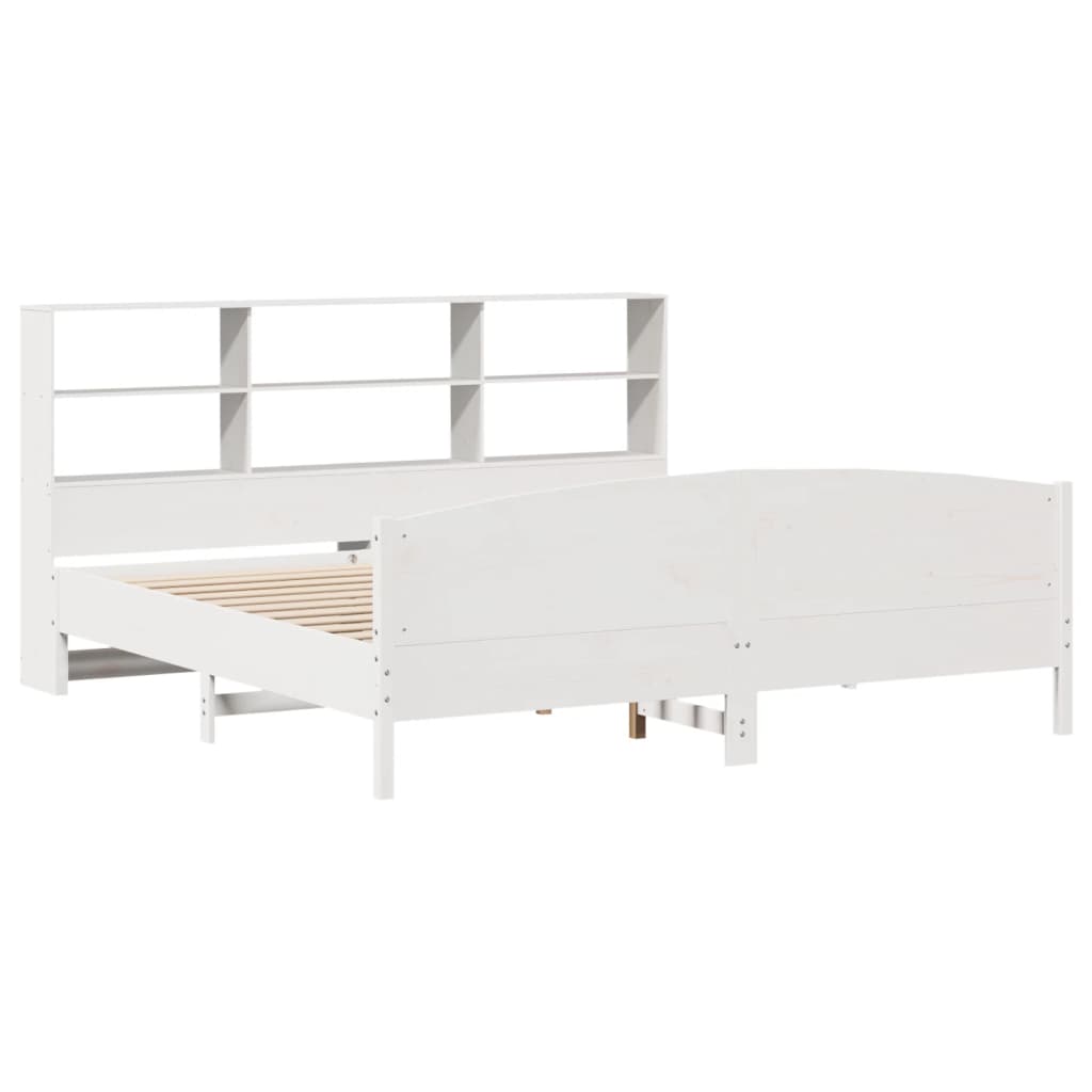 vidaXL Pat cu bibliotecă fără saltea, alb, 200x200 cm, lemn masiv pin