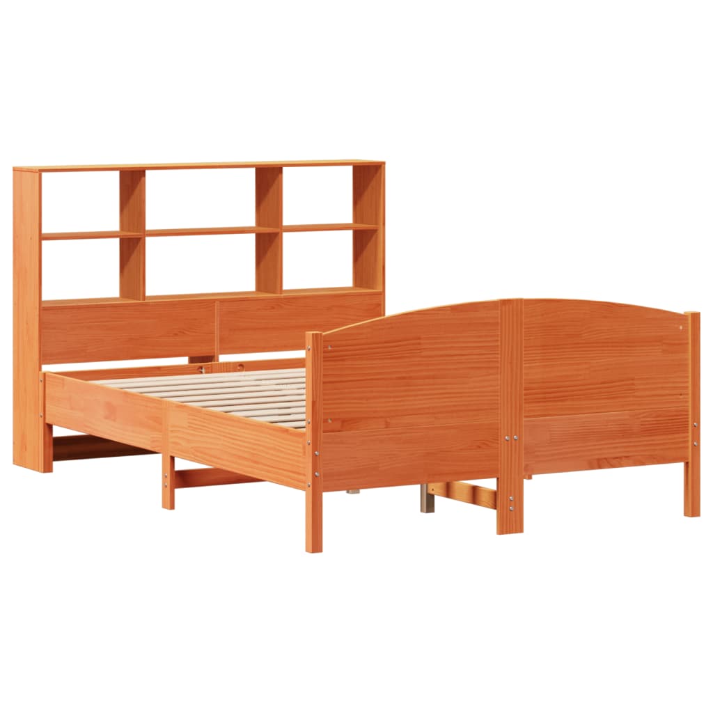 vidaXL Pat cu bibliotecă fără saltea, maro, 120x200 cm, lemn masiv pin vidaXL Pat cu bibliotecă fără saltea, maro, 120x200 cm, lemn masiv pin