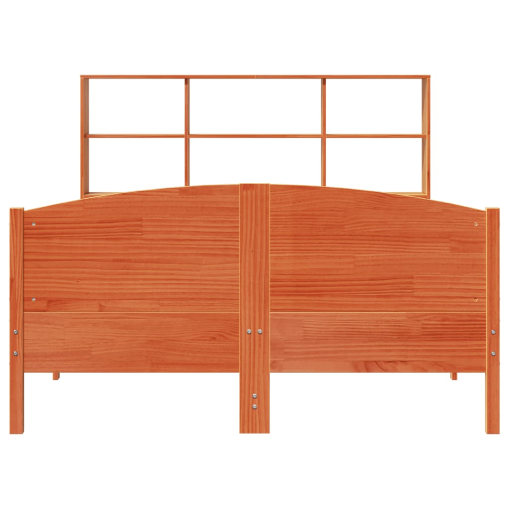 vidaXL Pat cu bibliotecă fără saltea, maro, 120x200 cm, lemn masiv pin vidaXL Pat cu bibliotecă fără saltea, maro, 120x200 cm, lemn masiv pin