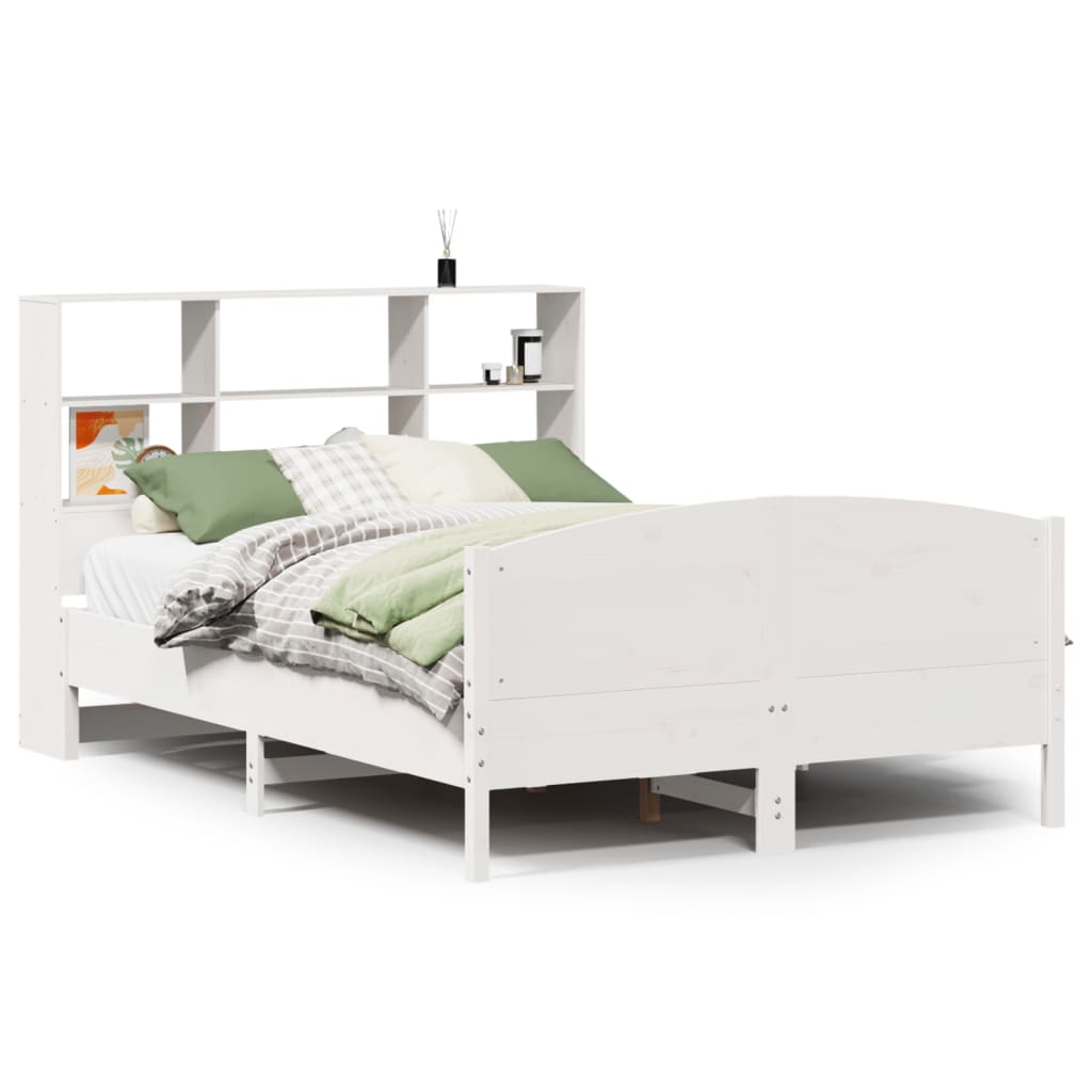 vidaXL Pat cu bibliotecă fără saltea, alb, 140x190 cm, lemn masiv pin vidaXL Pat cu bibliotecă fără saltea, alb, 140x190 cm, lemn masiv pin