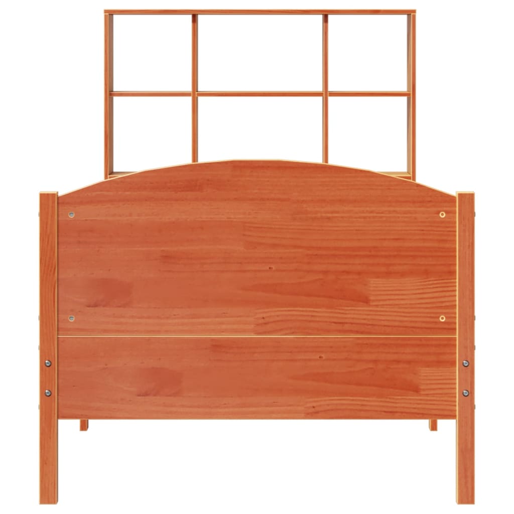 vidaXL Pat cu bibliotecă fără saltea, maro, 100x200 cm, lemn masiv pin vidaXL Pat cu bibliotecă fără saltea, maro, 100x200 cm, lemn masiv pin