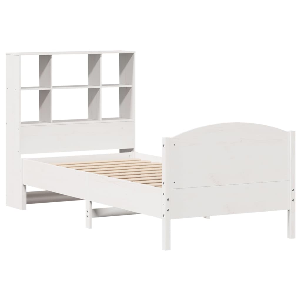 vidaXL Pat cu bibliotecă fără saltea, alb, 90x200 cm, lemn masiv pin vidaXL Pat cu bibliotecă fără saltea, alb, 90x200 cm, lemn masiv pin