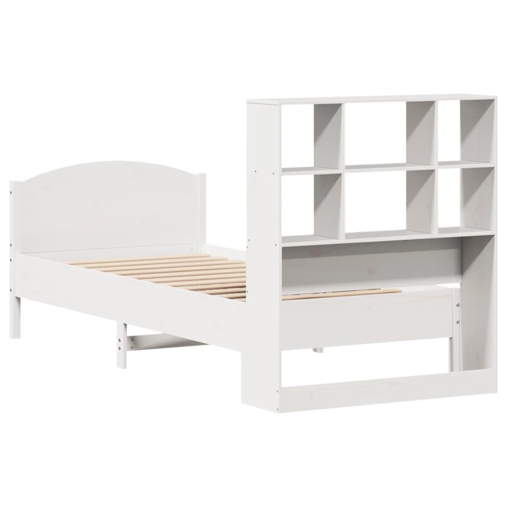 vidaXL Pat cu bibliotecă fără saltea, alb, 90x200 cm, lemn masiv pin vidaXL Pat cu bibliotecă fără saltea, alb, 90x200 cm, lemn masiv pin