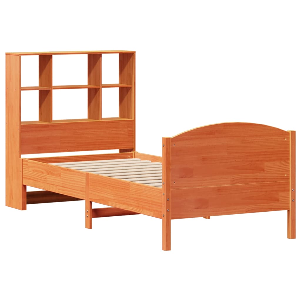 vidaXL Pat cu bibliotecă fără saltea, maro, 90x200 cm, lemn masiv pin vidaXL Pat cu bibliotecă fără saltea, maro, 90x200 cm, lemn masiv pin