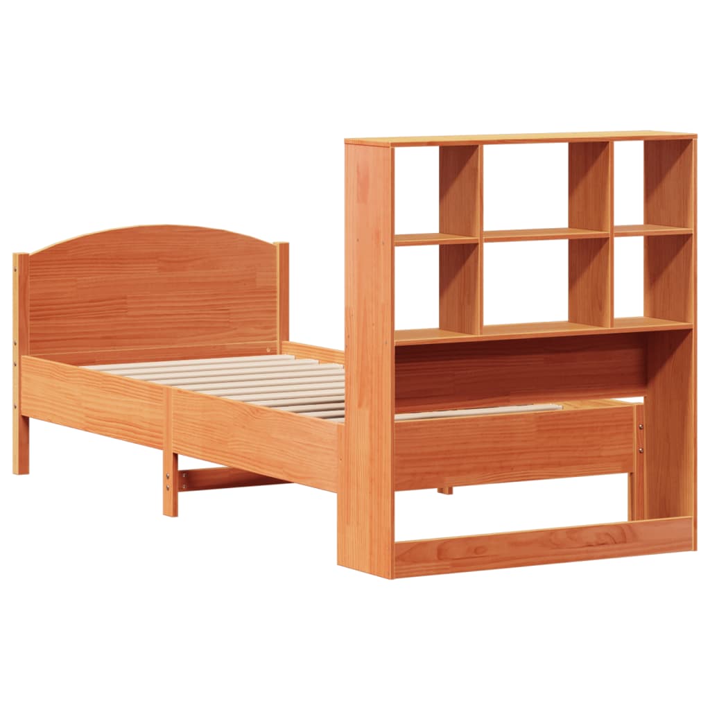 vidaXL Pat cu bibliotecă fără saltea, maro, 90x200 cm, lemn masiv pin vidaXL Pat cu bibliotecă fără saltea, maro, 90x200 cm, lemn masiv pin